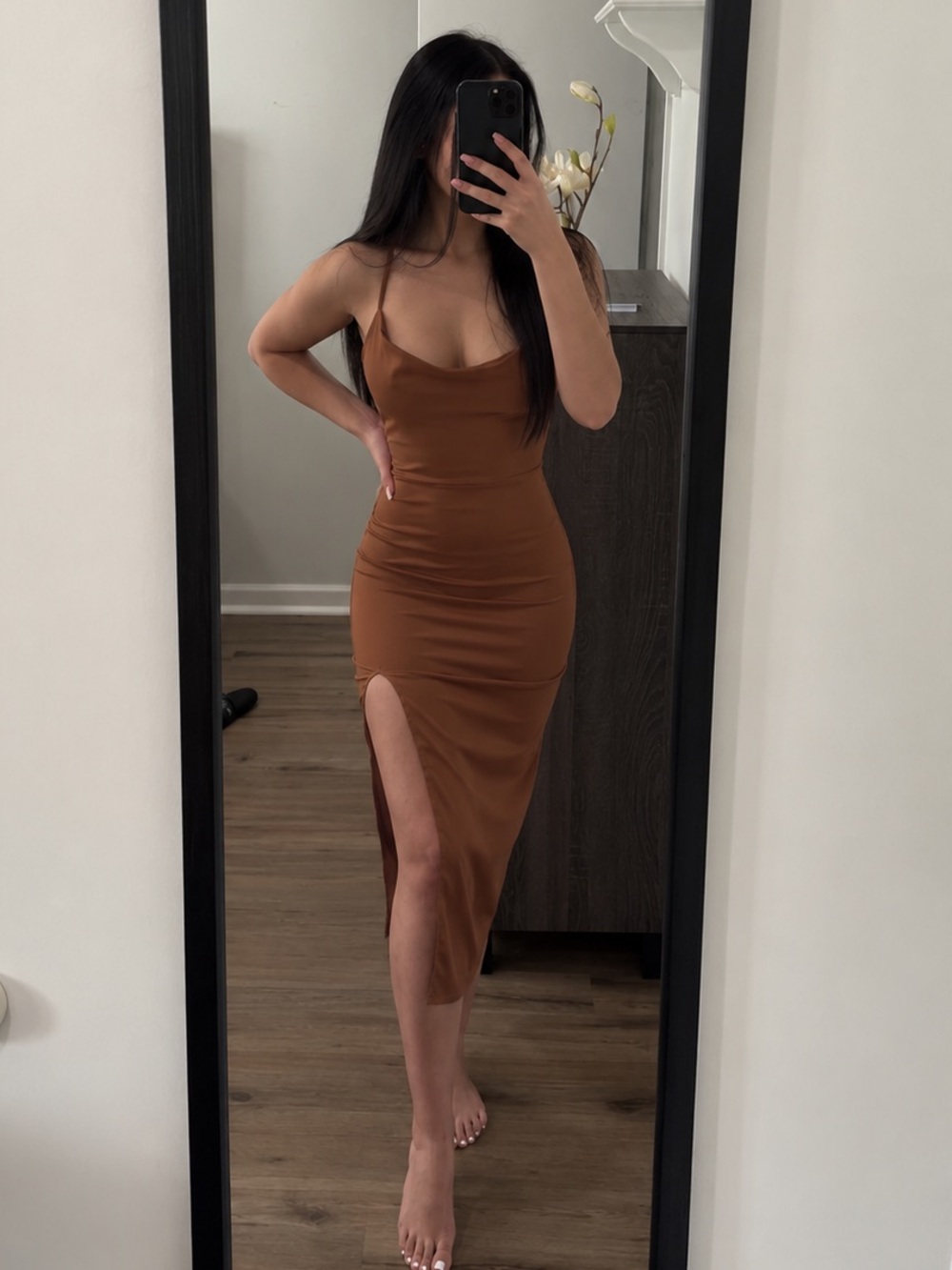 Fashion Nova Chestnut Midi Slip Dress with Thigh Slit